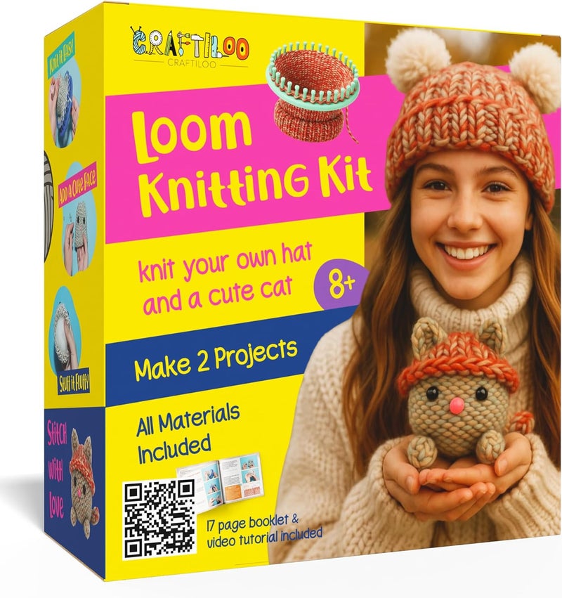 CRAFTILOO Knitting Kit for Kids – Beginner Knitting Kit to Make a Hat & Cat – Quick Knit Loom Kit with Yarn, Tools & Instructions - Image 1